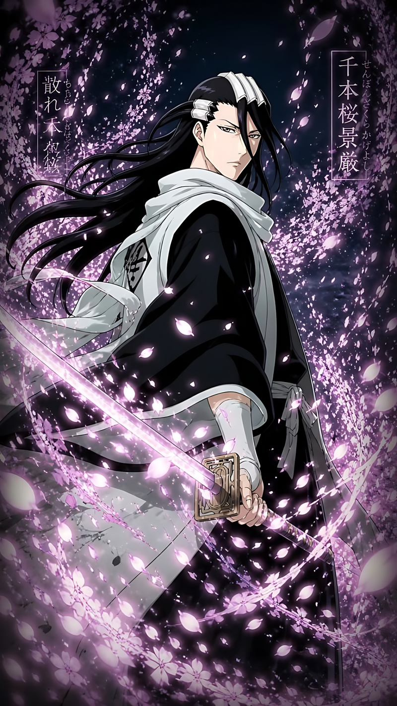 Anime wall poster with a black-and-white character and flowing violet energy effects