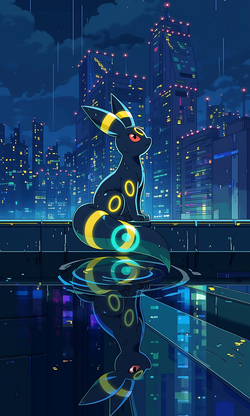 Neon city rooftop rain poster featuring Umbreon with glowing multicolor lights and reflection
