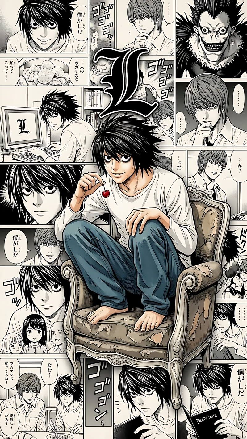 Death Note L manga collage poster with armchair scene, black-and-white character art