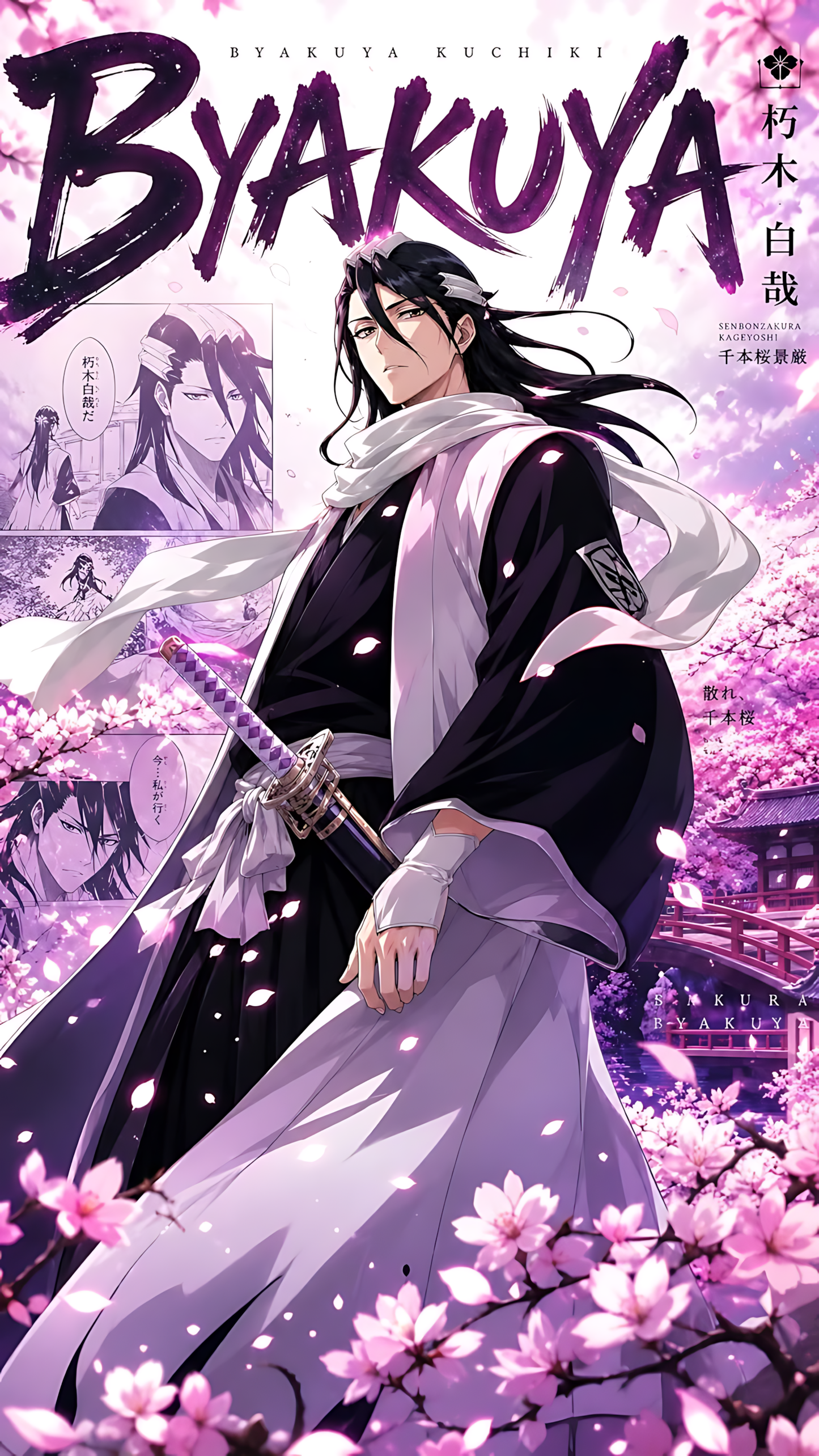 Anime wall poster showing Byakuya Kuchiki in dark coat with cherry blossoms around him