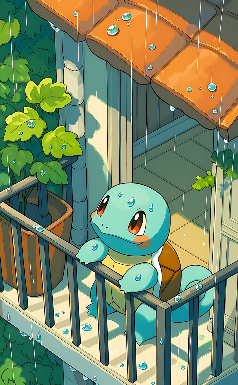 Pokémon Squirtle poster of Squirtle on a rainy balcony with a potted plant