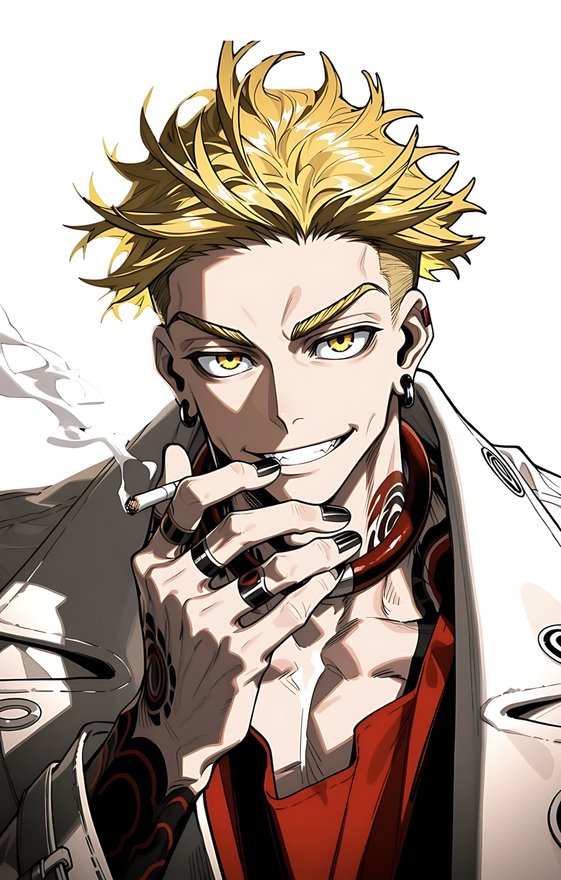 Anime-style smirking portrait poster with spiky blond hair, yellow eyes, red coat, and cigarette
