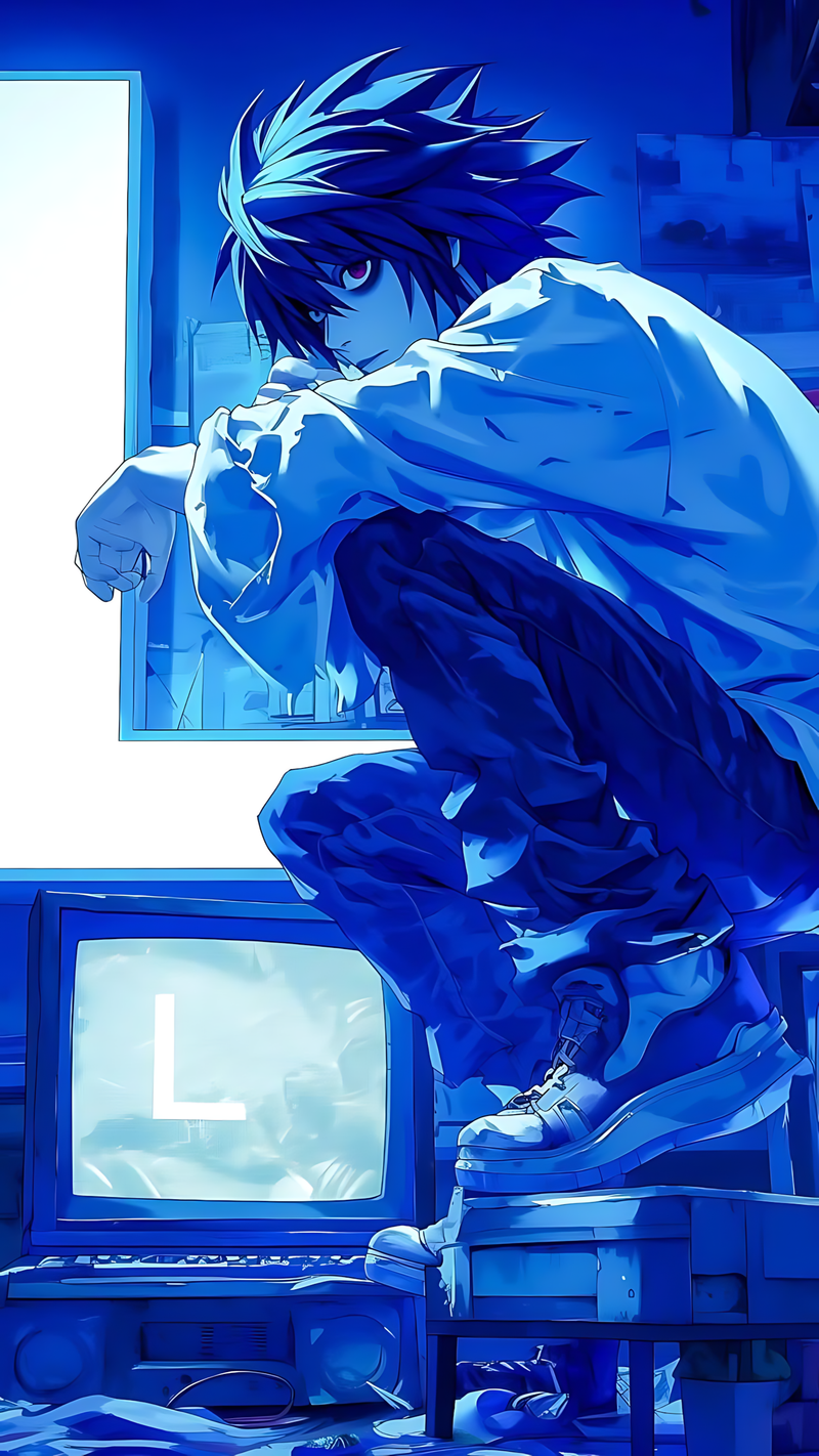 Blue monochrome anime poster with an illustrated teen detective leaning on a desk