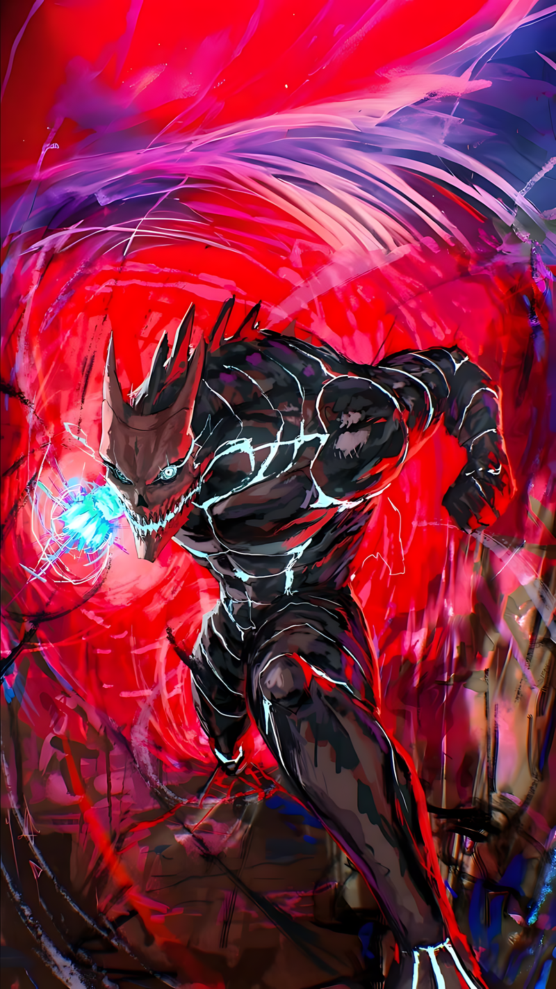 Kaiju No. 8 power charge poster with black kaiju in red energy swirl