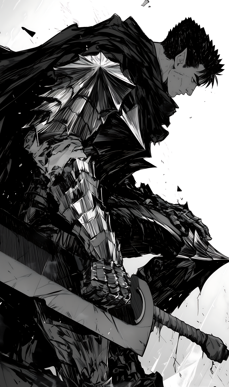 Monochrome manga armor poster with armored warrior holding a large sword, black-and-white