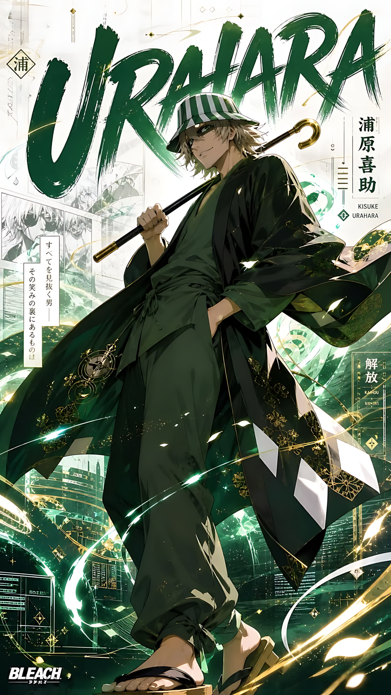 Kisuke Urahara anime poster with green-clad character holding a pen