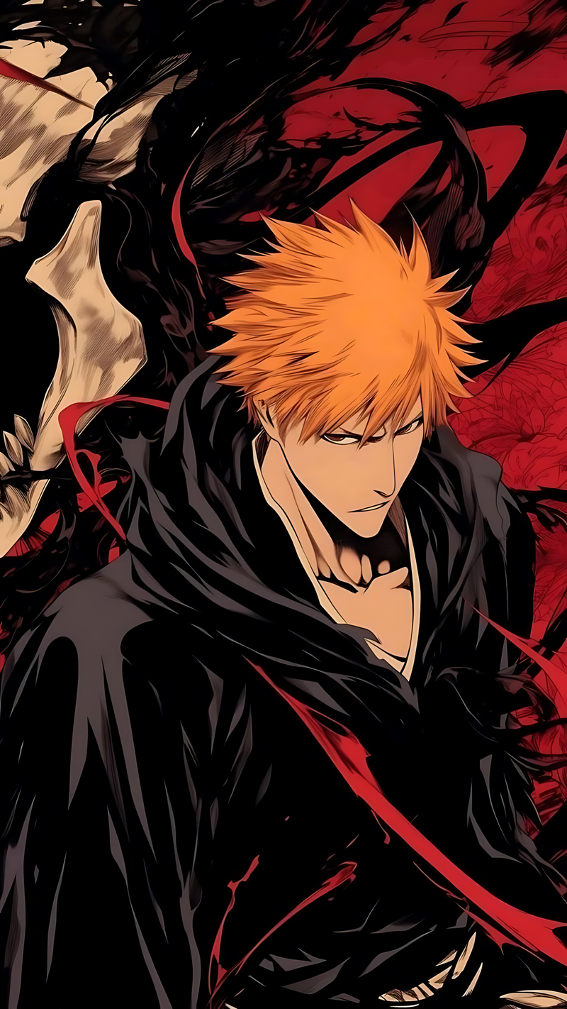 Anime character poster: orange spiky hair, black robe, red glowing hollow aura