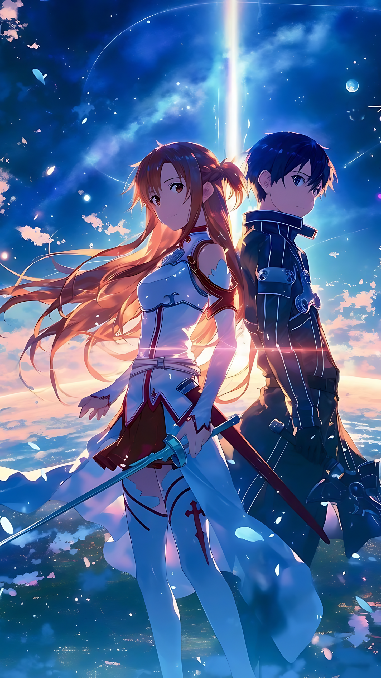 Anime duo poster: two characters back-to-back with swords, blue and red hair