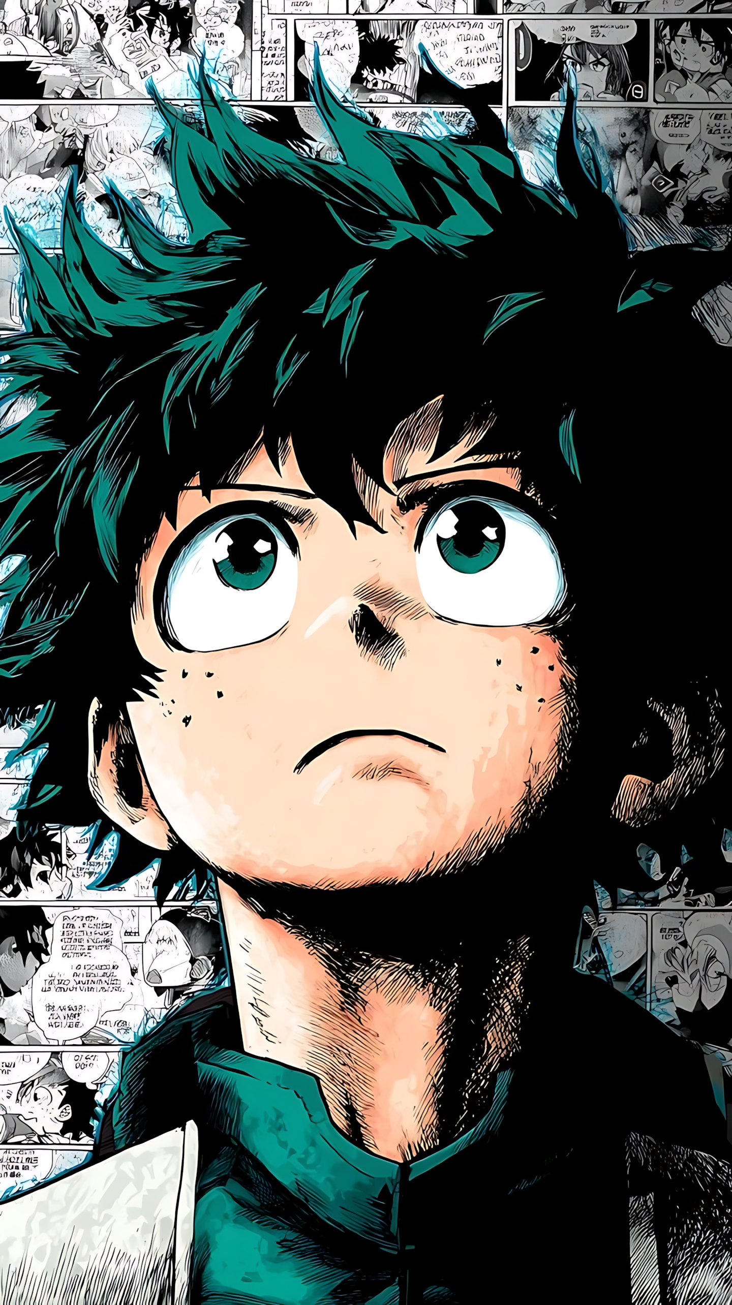 Anime portrait poster of a teal-haired boy with wide eyes