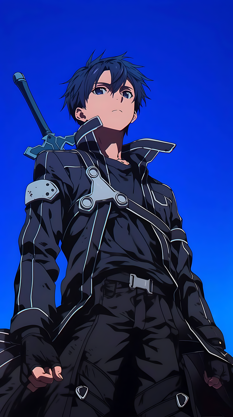 Anime poster of Kirito in black swordsman outfit, sword on his shoulder