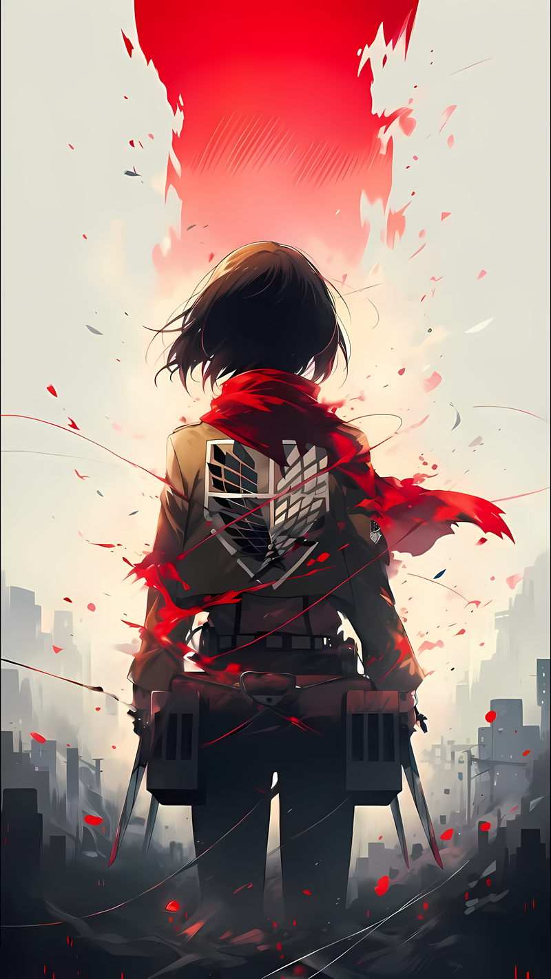 Anime poster featuring a character with a red scarf, shown from behind