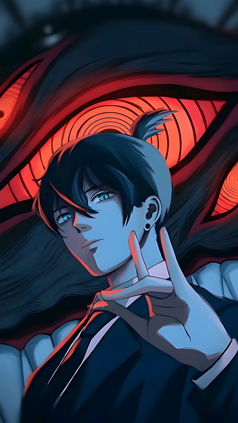 Anime devil-slayer character poster, blue hair, red glowing eyes, side portrait