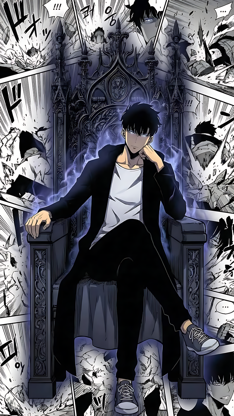 Anime seated character on ornate dark throne, graphic poster
