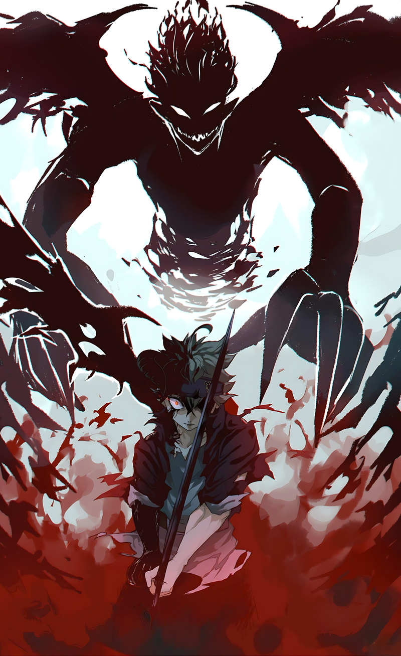 Dark anime poster featuring a swordsman and small spirit with red ink splashes