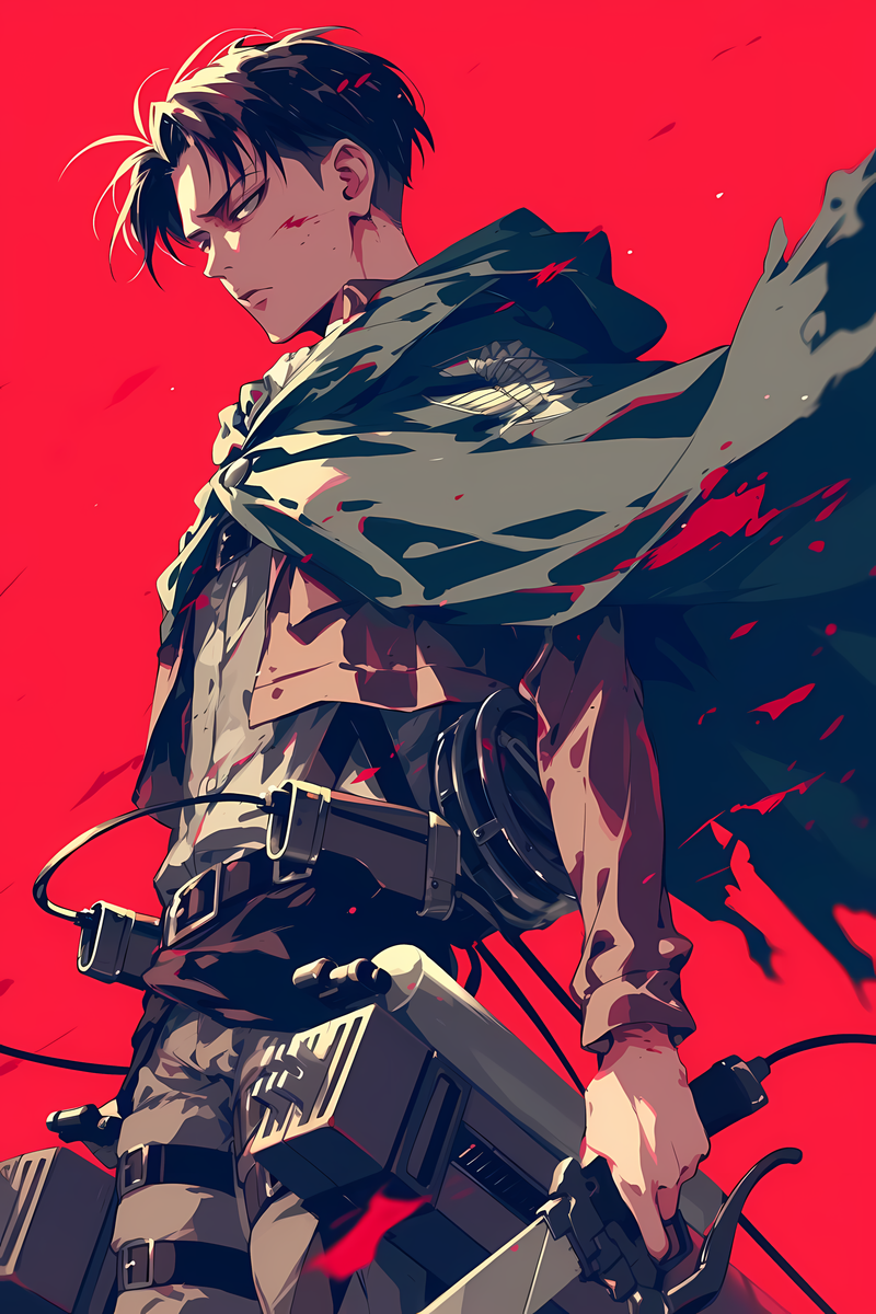 Anime-style Levi Ackerman character poster, red and blue uniform with cloak and weapons