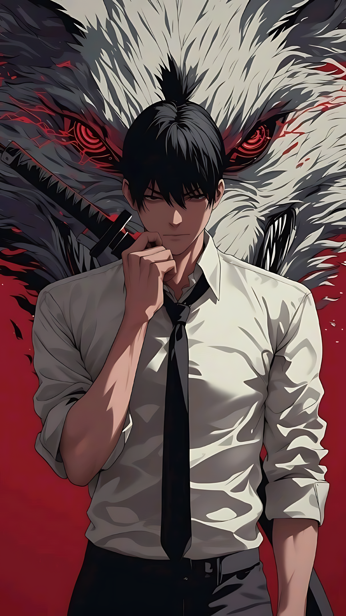 Chainsaw Man anime poster of a boy in white shirt holding black tie, red eyes
