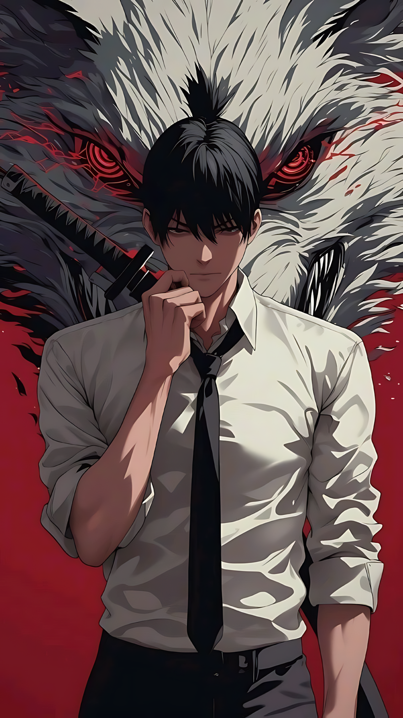 Chainsaw Man anime poster of a boy in white shirt holding black tie, red eyes