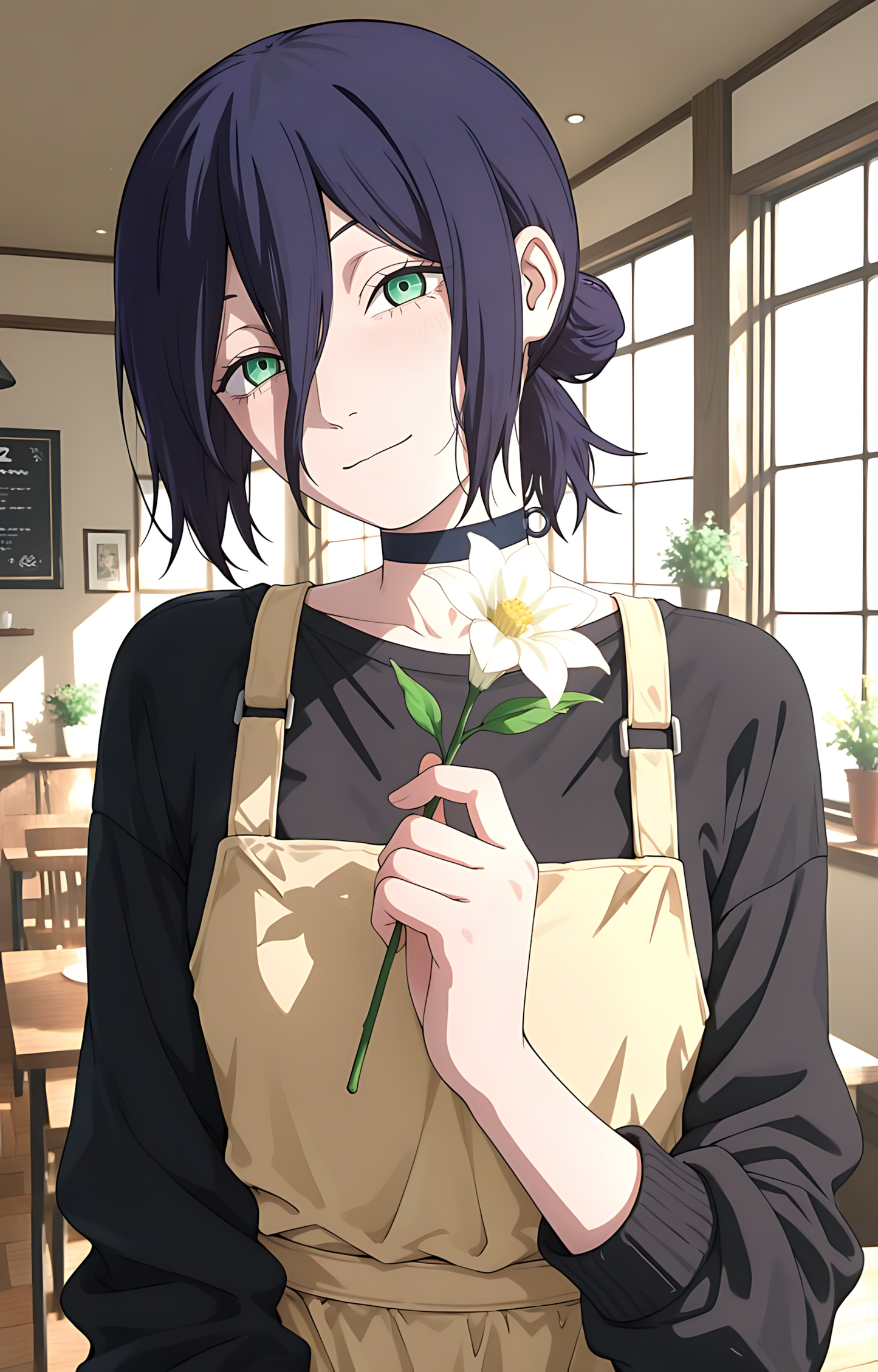 Anime wall art poster of a dark-haired character holding a white flower with green stem