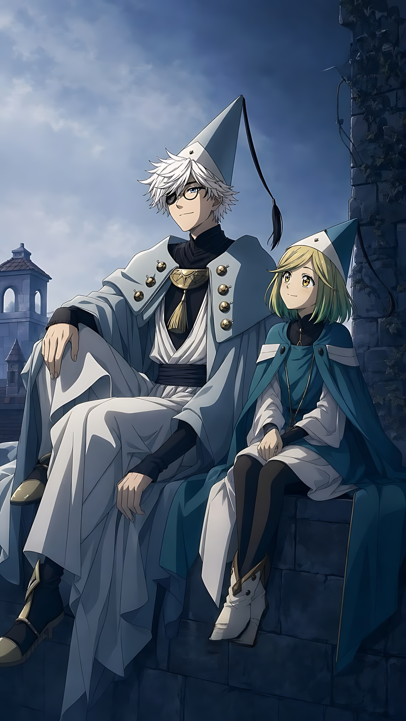 Illustrated poster of a wizard and a young witch in pointed hats, seated together