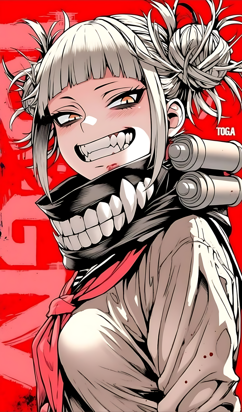 Anime villain wall poster with white hair, laughing grin, gun-like accessory and red accents