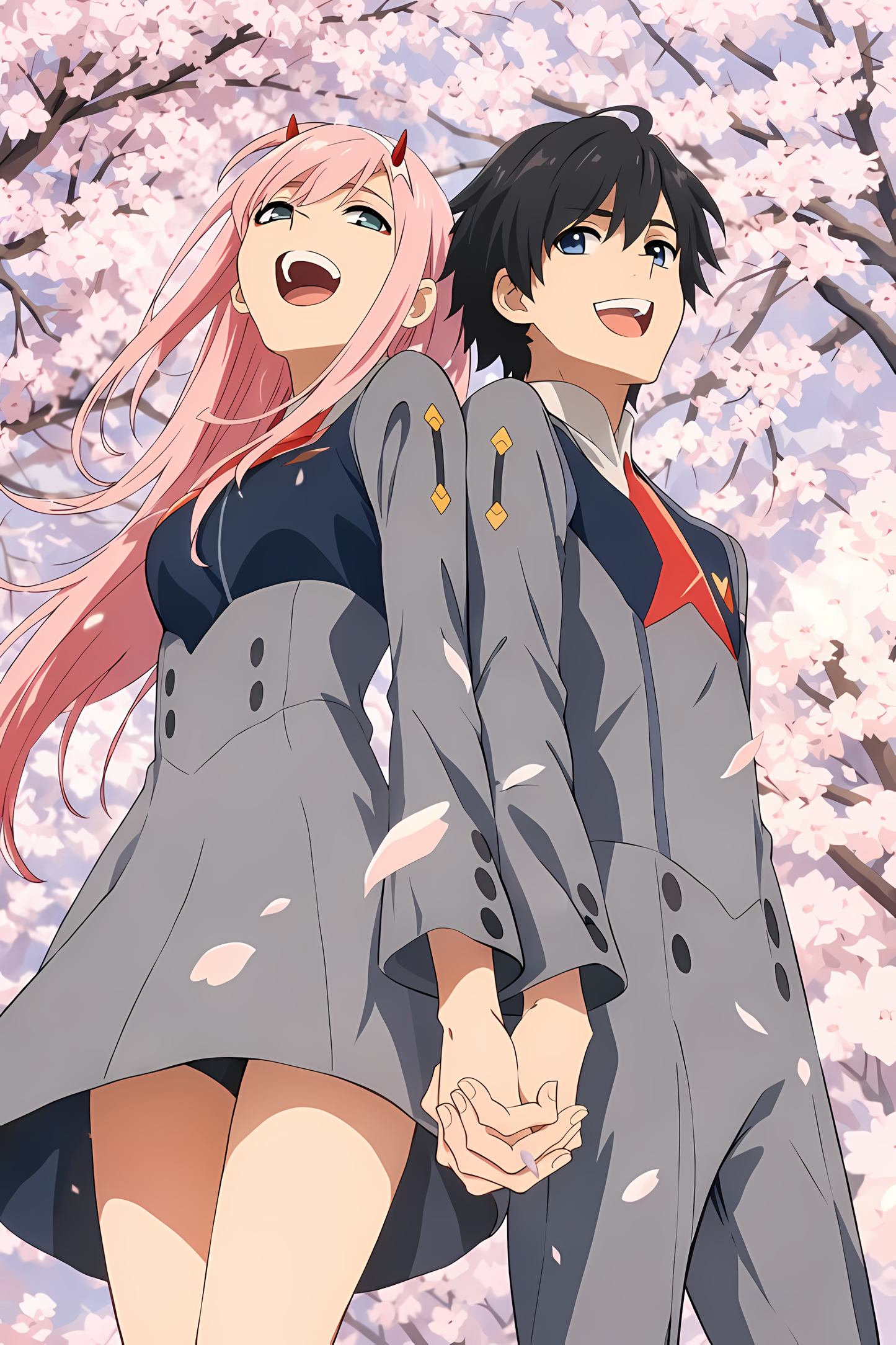 PIXBY anime poster of Zero Two and Hiro under cherry blossoms, pink and dark outfits