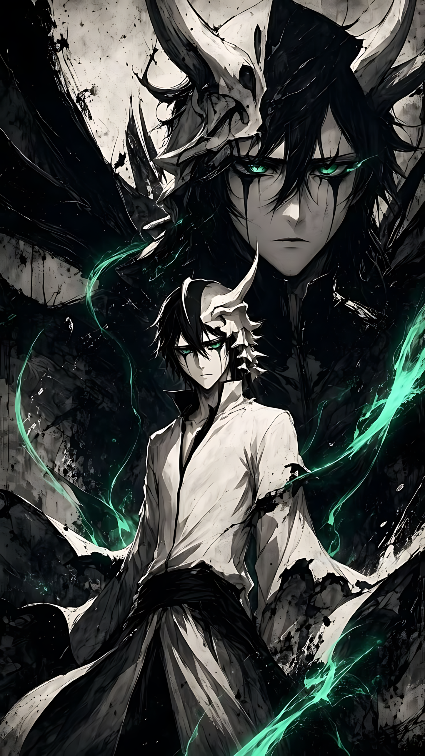 Anime poster featuring a dark-haired swordsman with teal eyes and green energy blasts