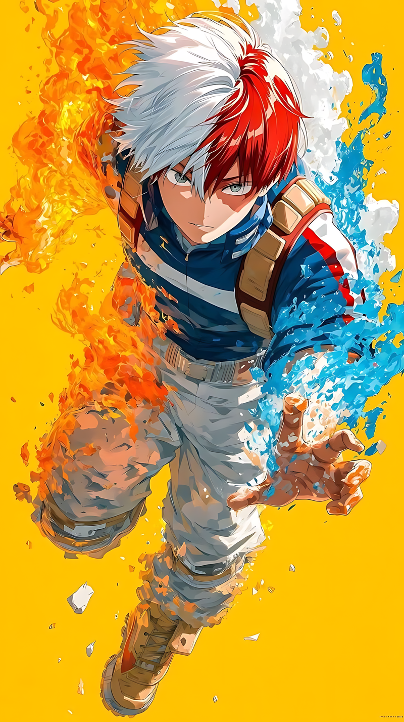 Dual-element anime poster with running hero, half white-blue and half red hair