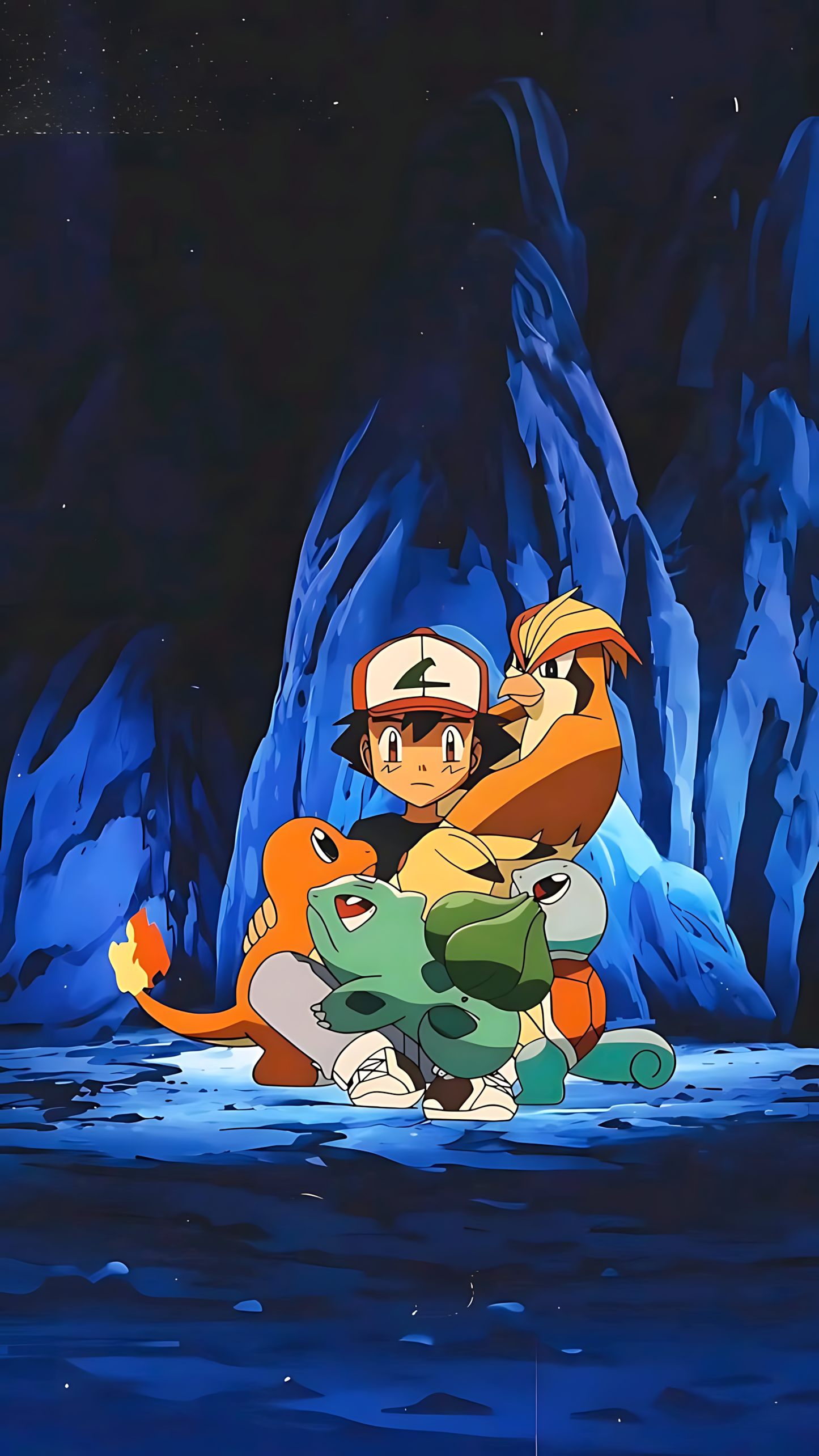 Pokémon poster of Ash with Charmander, Bulbasaur, Squirtle, and Pidgeotto in a cave