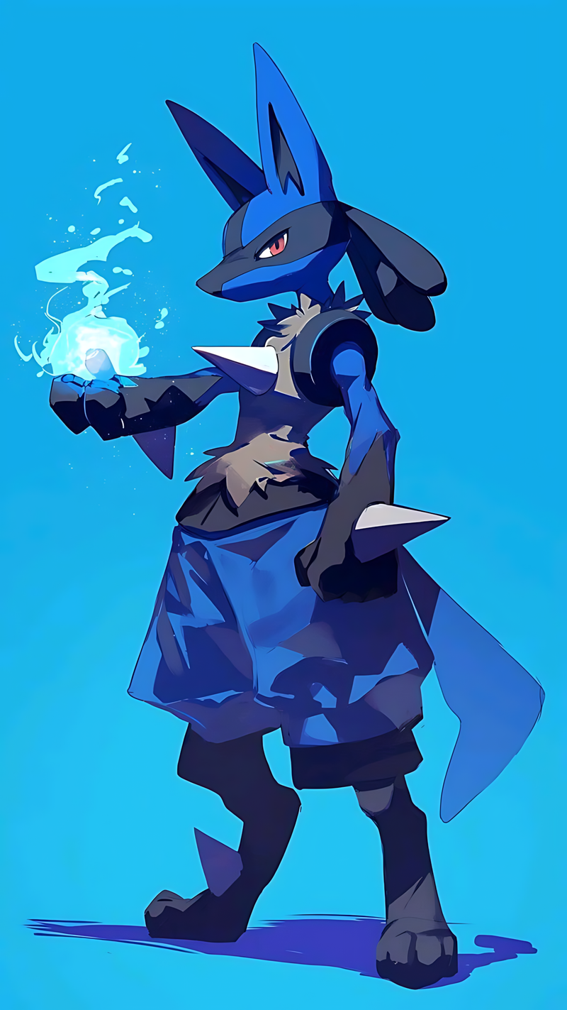 Lucario character poster, blue ninja-style outfit with glowing aura sphere, standing pose