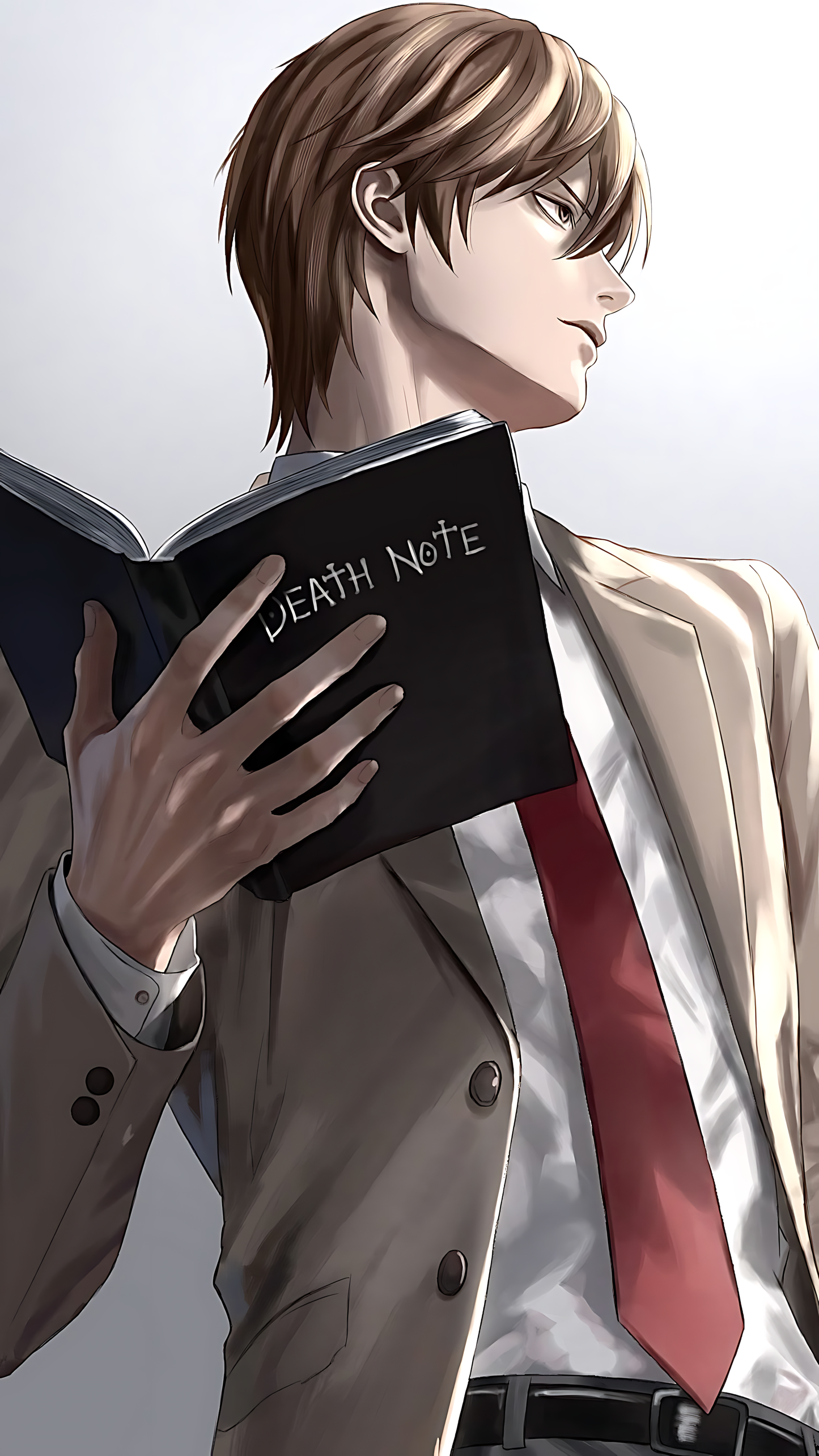 Portrait poster of anime-style character in beige coat reading a black book