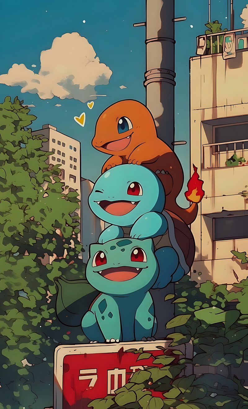 Pokémon art poster with Charmander, Squirtle, and Bulbasaur stacked in an urban scene.