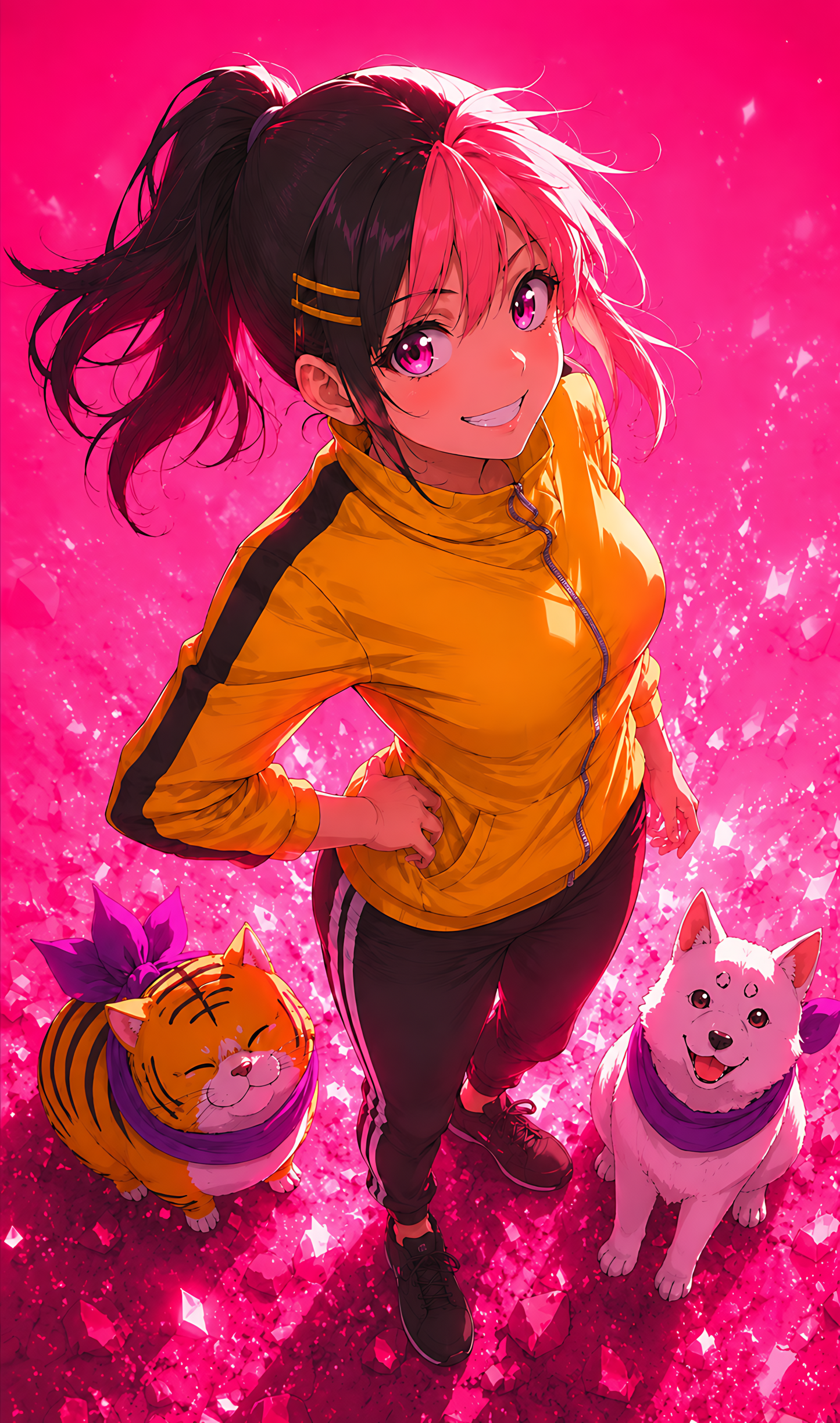 Hana & daemons art poster with smiling girl in orange hoodie, dark hair, and two animals
