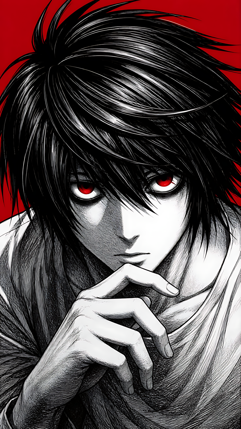 Anime poster close-up of L with red eyes, black hair, and fingers near lips