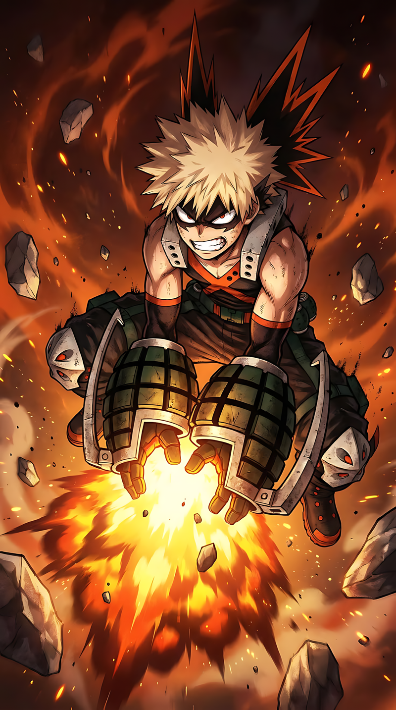 Anime wall art poster of a spiky-haired character with grenade blast and armored gauntlets