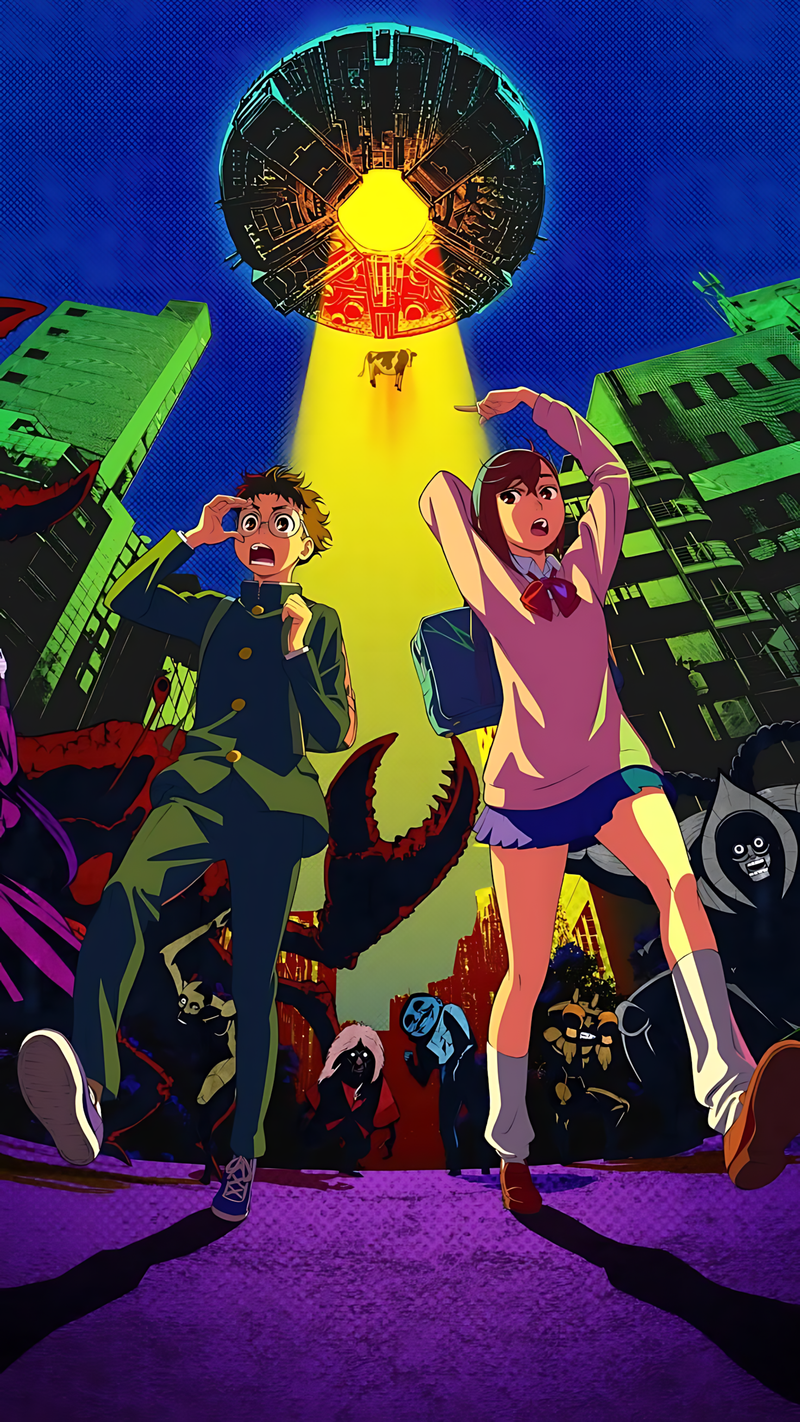 Anime UFO chase poster with Momo and Okarun in a city scene, bold colorful artwork