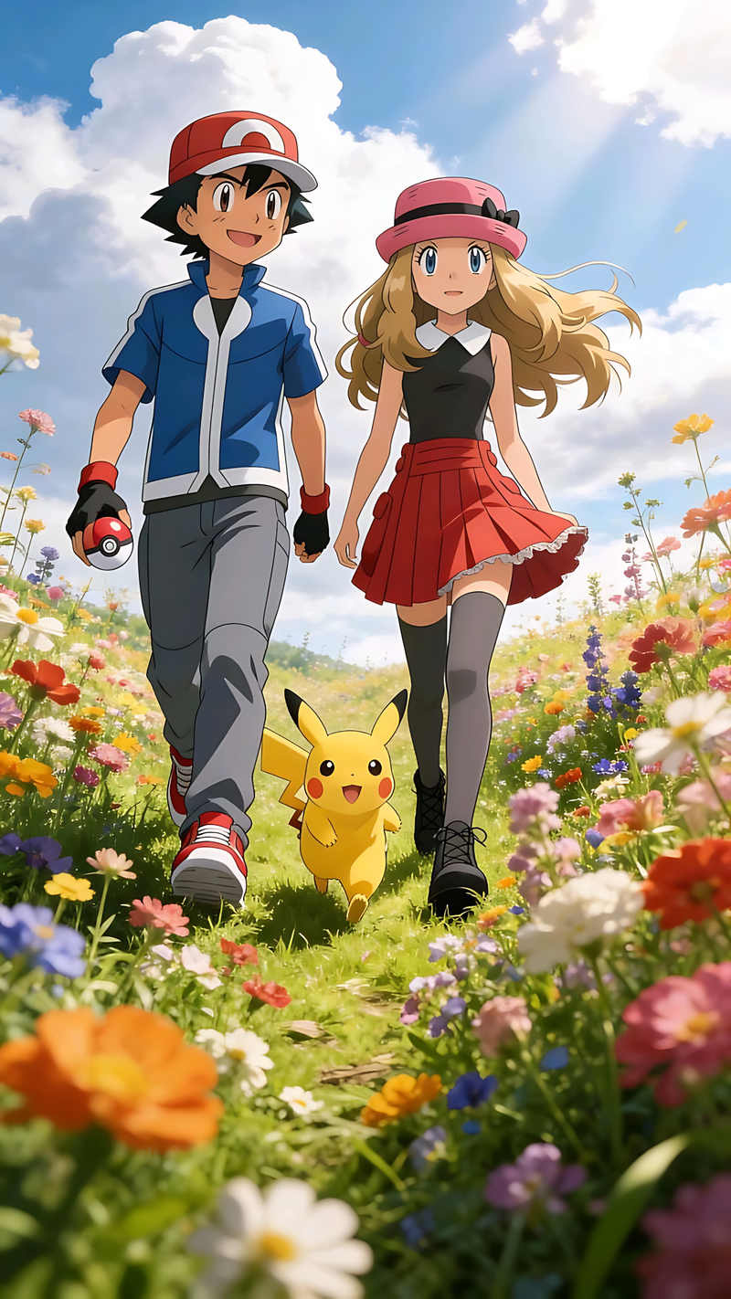 Ash, Serena & Pikachu meadow walk poster with anime characters in a flower field