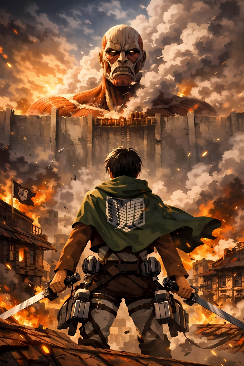 Attack on Titan poster with Eren in green cloak, Colossal Titan looming above, orange smoke
