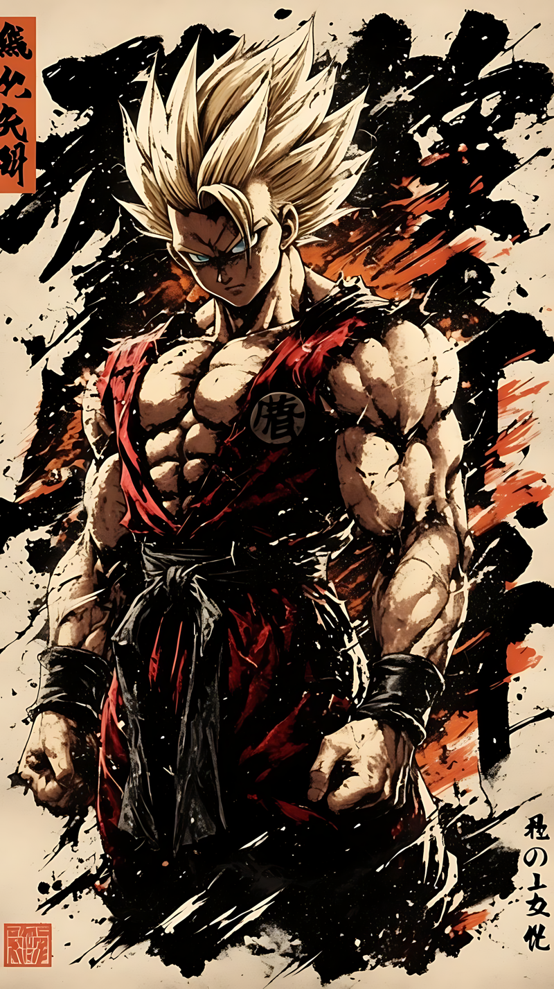 Dragon Ball Z ink-brush wall poster: spiky-haired fighter in dark gi with red sash