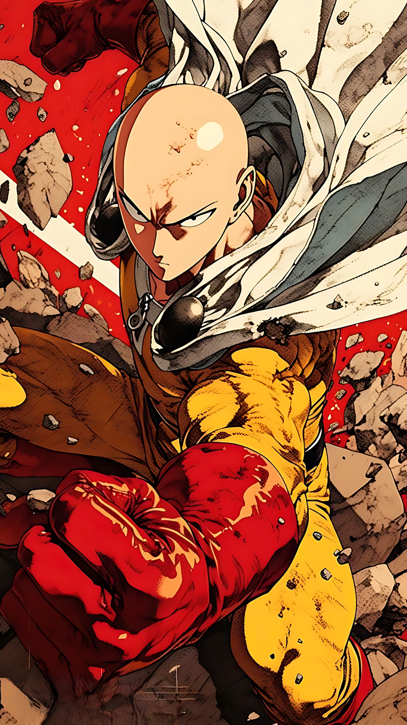 Action comic poster of bald hero punching, with debris and red-and-yellow blast background