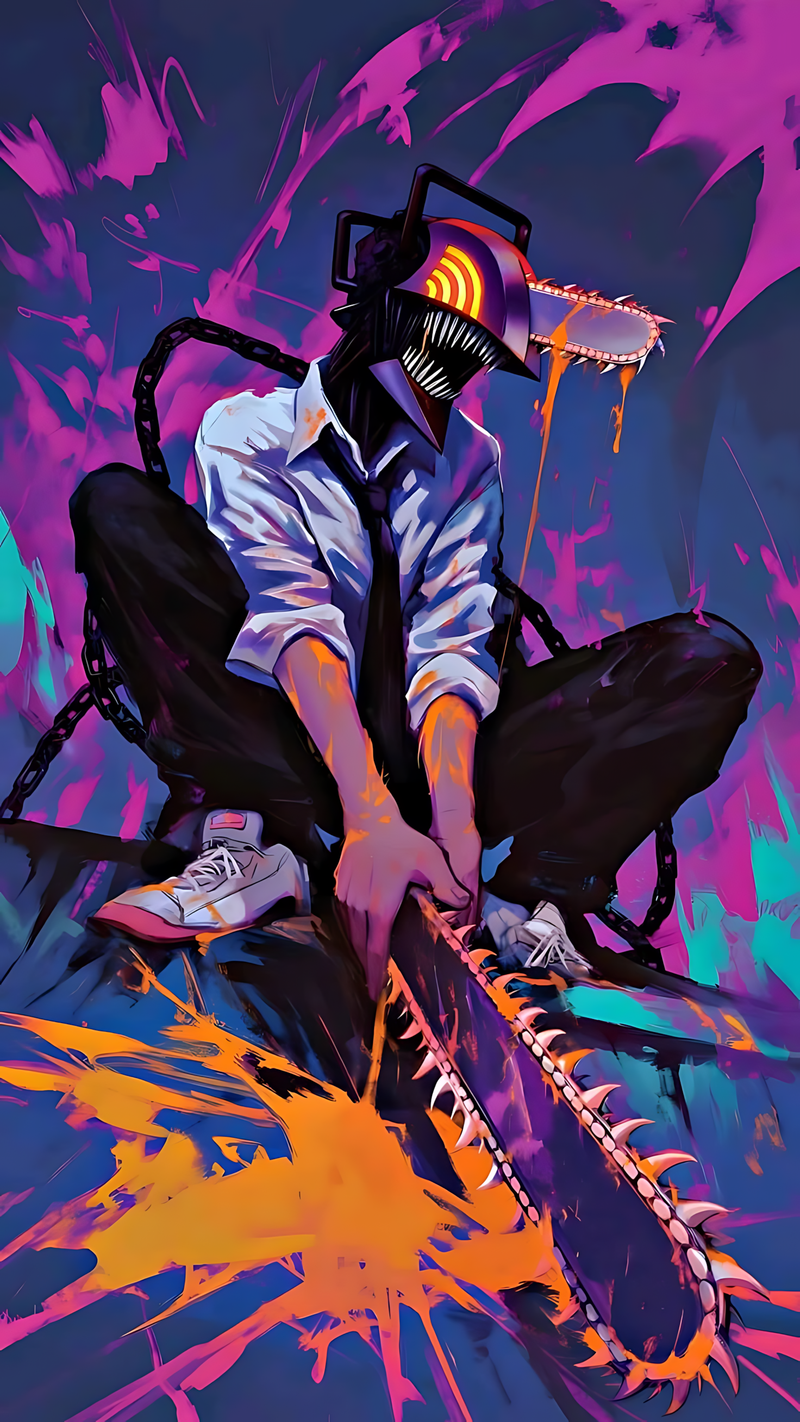 Stylized anime character poster with dark jacket, glowing orange chainsaw weapon, and kneeling pose