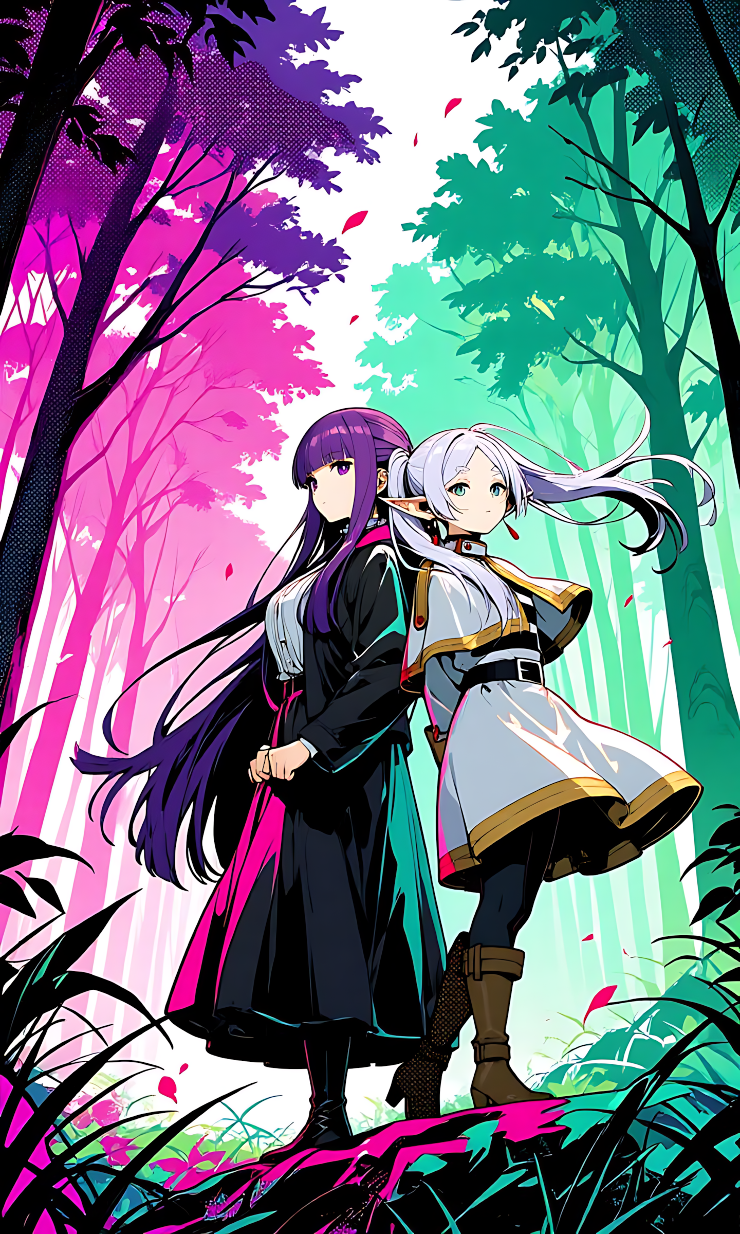 Neon forest anime poster with two characters standing among glowing trees and foliage