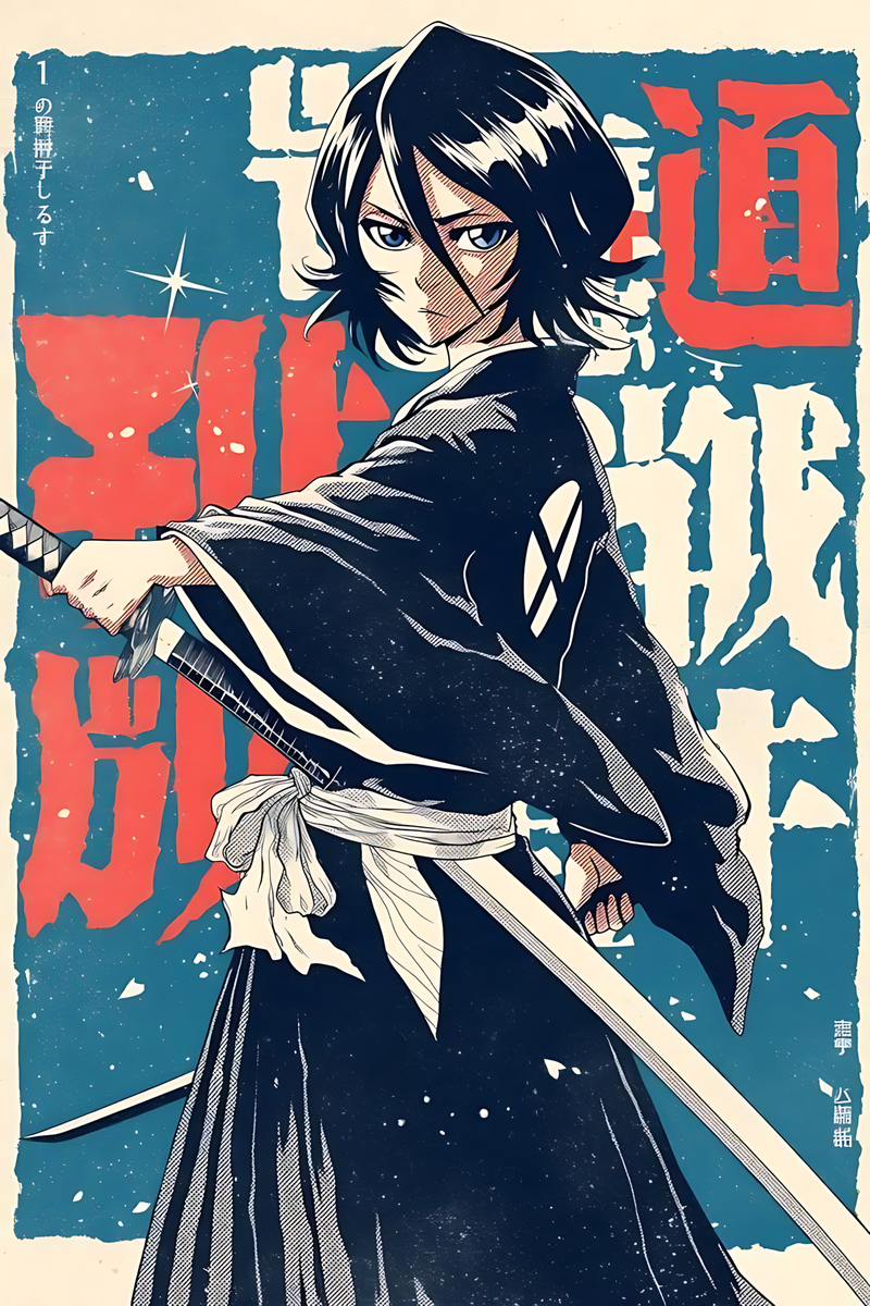 Anime-style character in a dark coat holding a sword, side profile portrait