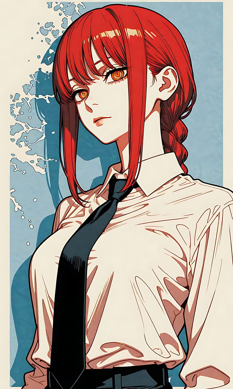 Makima anime poster with red-haired woman in white coat and black straps, side view