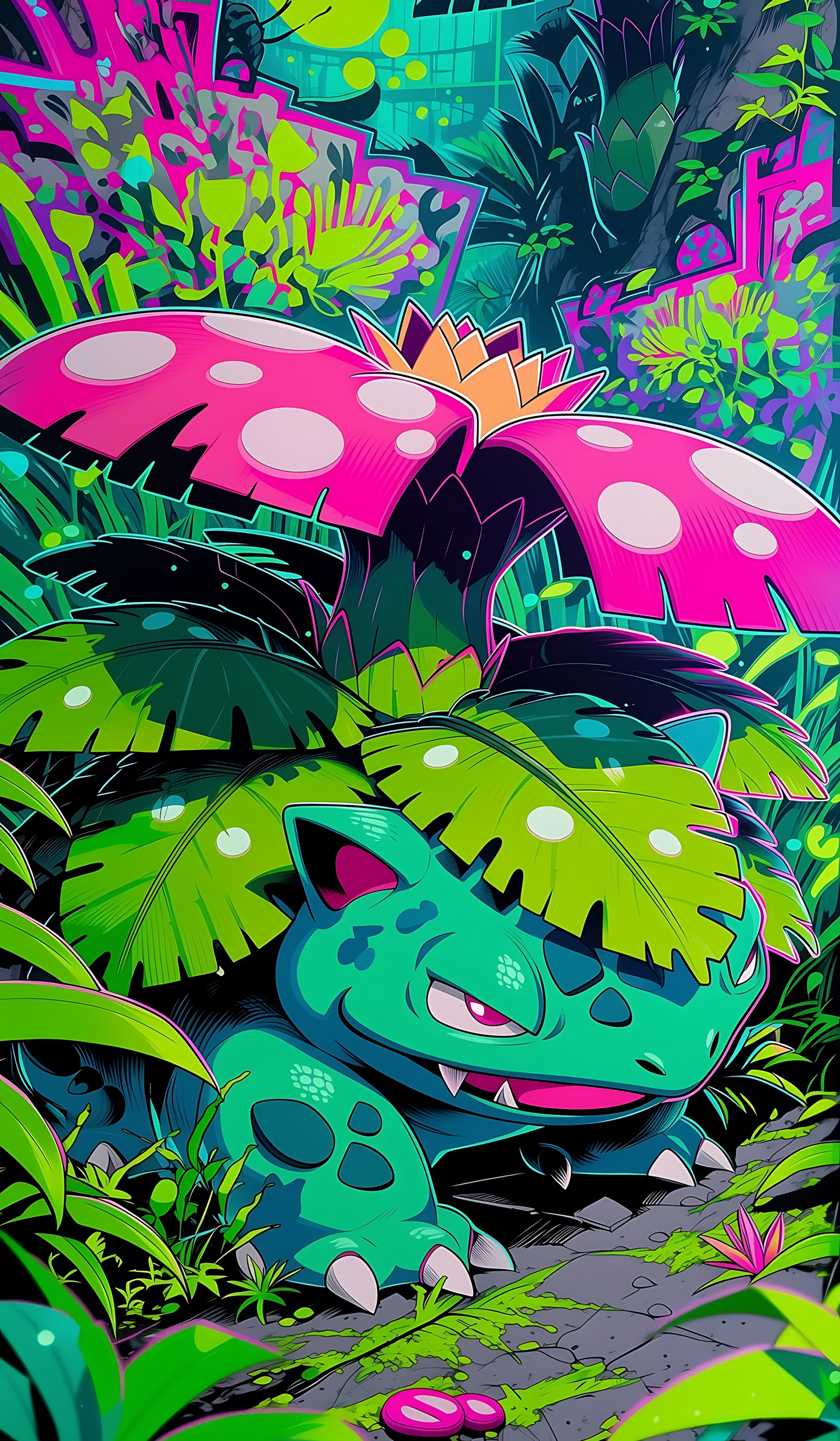 Venusaur neon jungle bloom poster with vivid tropical leaves and neon colors
