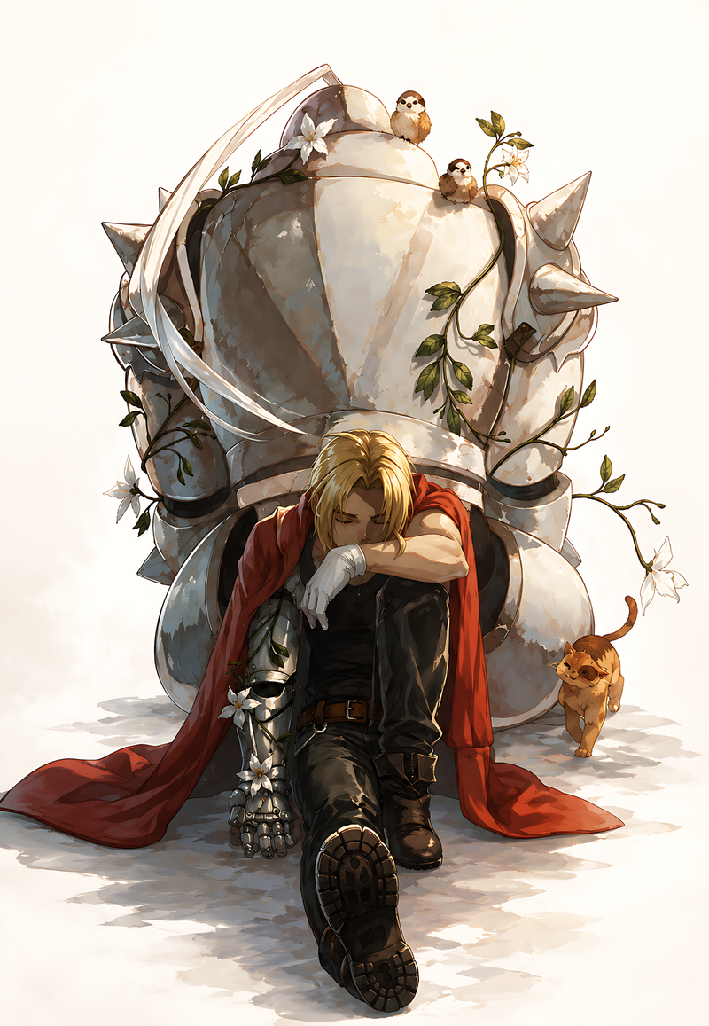 Anime character poster with two boys, armored outfit, red cape, and small dog