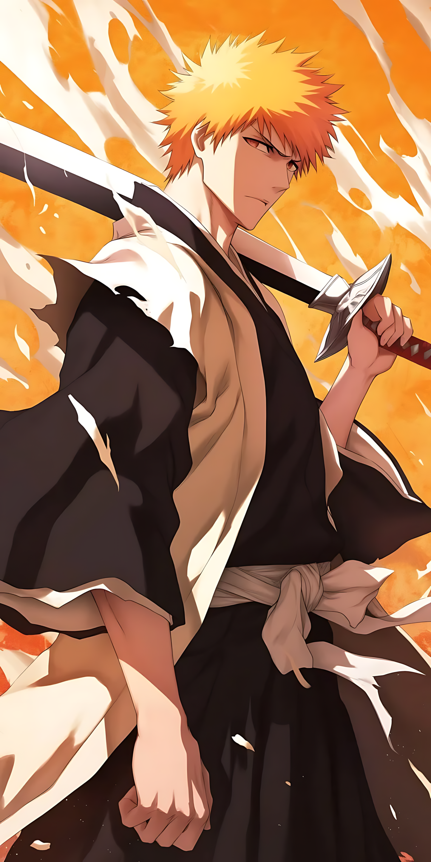 Anime poster of an orange-haired swordsman in a black cloak, gripping a sword in motion