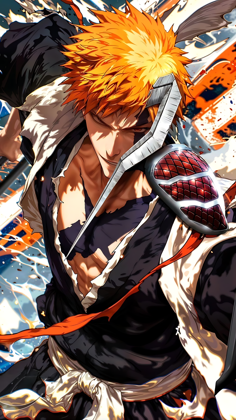 Anime transformation poster of an orange-haired warrior in black cloak, gripping a sword.
