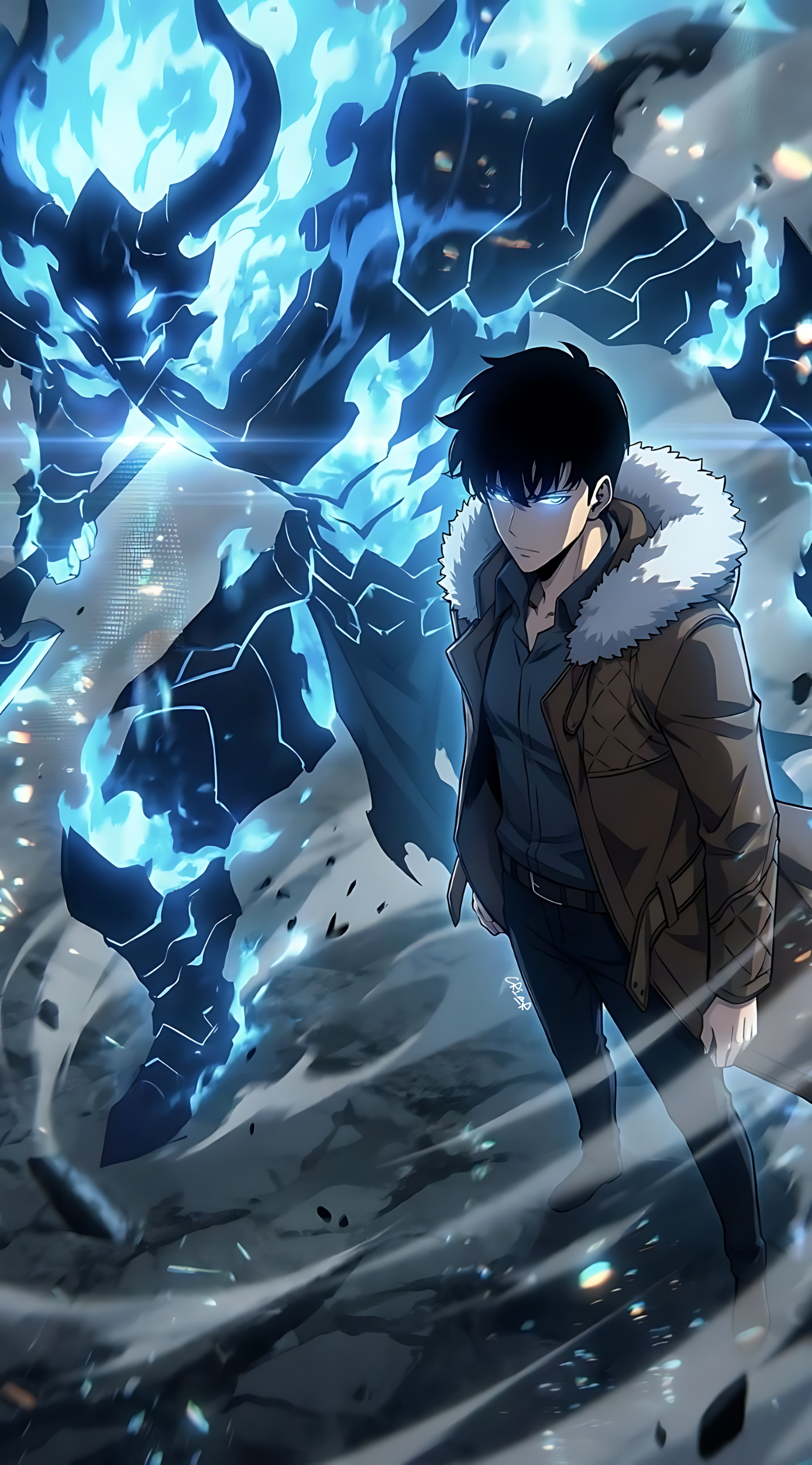 Solo Leveling-style anime character poster with blue flame aura and dark coat, fur collar