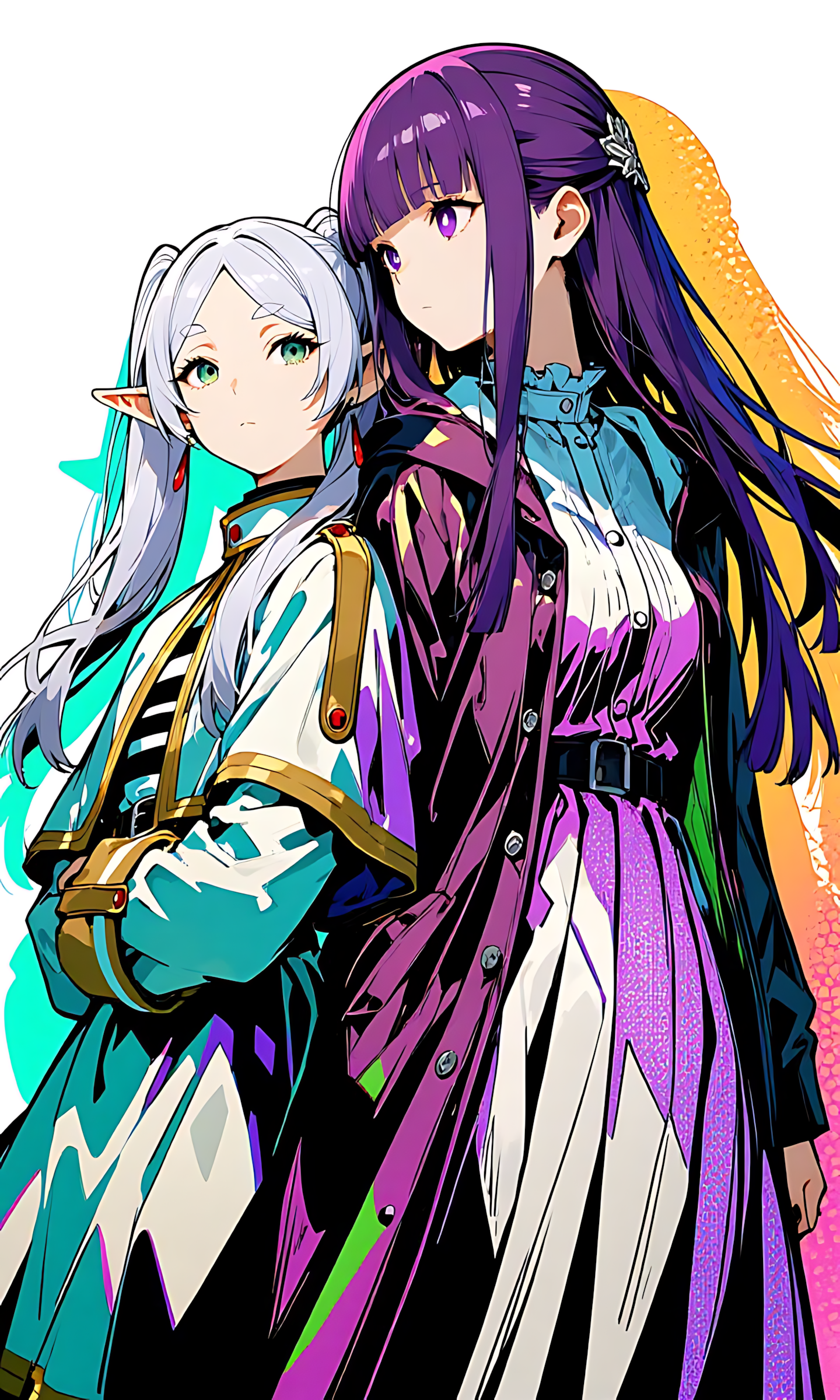 Stylish duo poster featuring Frieren and Fern in anime outfits, one with purple hair