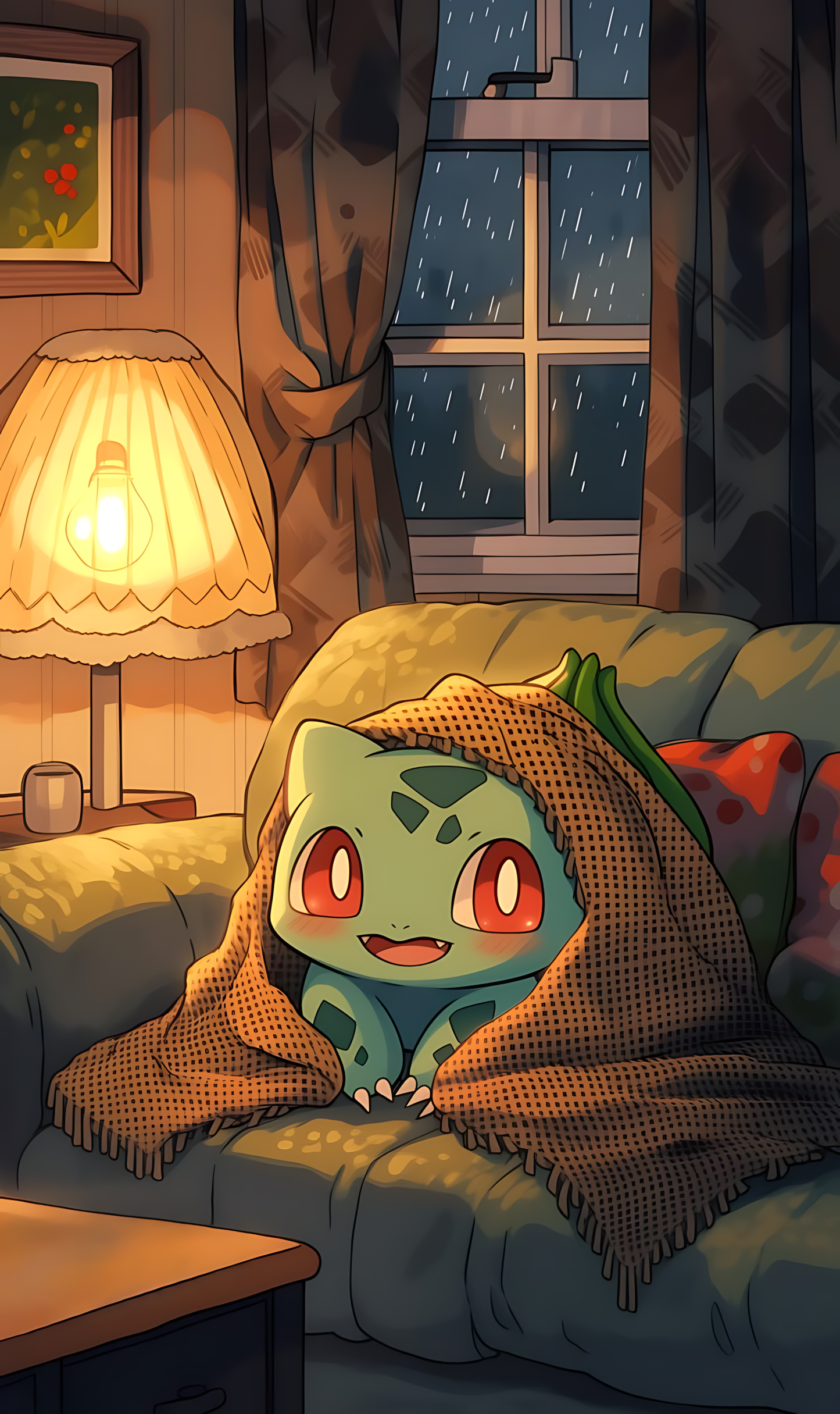Bulbasaur character wrapped in a cozy hooded blanket poster, rain outside window
